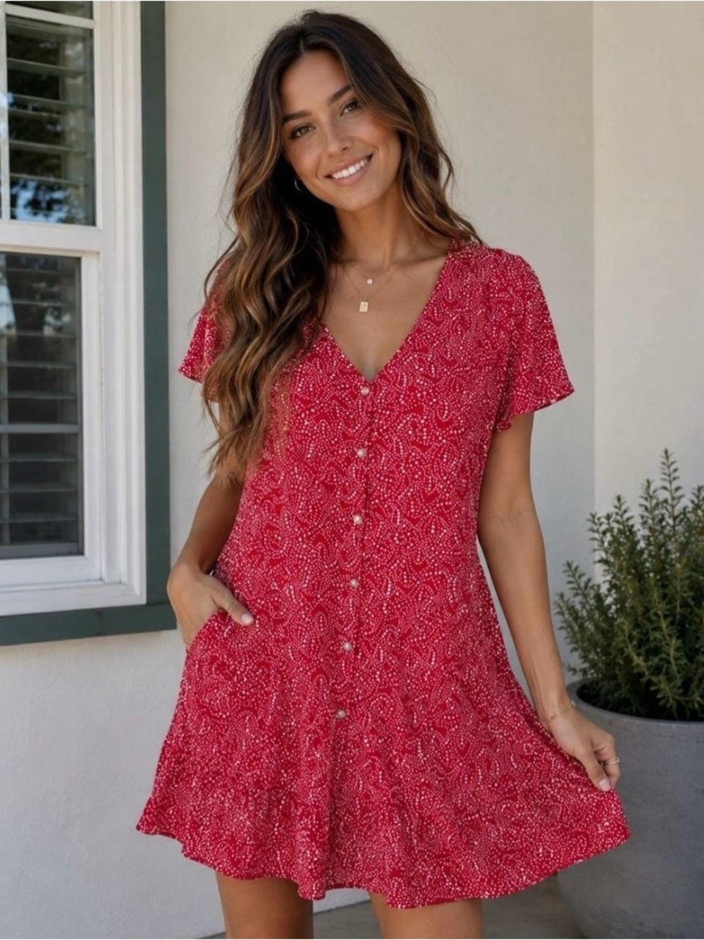 Universal Thread Red Printed Button-Front V-Neck Mini Dress